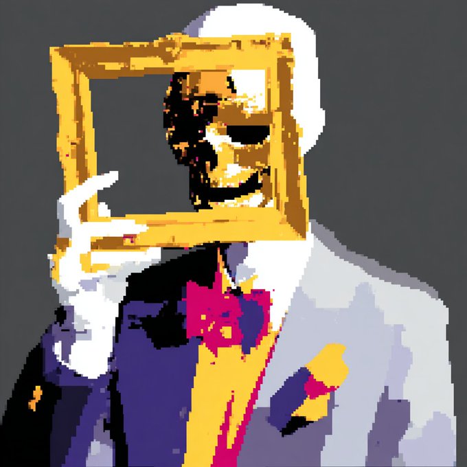 A pixelated digital artwork showing a figure in a suit with a golden frame around its face, a white gloved hand pointing, and a colorful yellow and pink pattern on the chest.