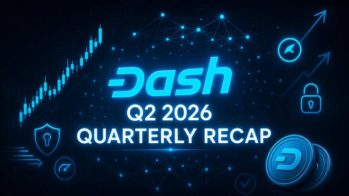 The image is a promotional graphic featuring the "Dash" logo in glowing blue text alongside "Q2 2026 QUARTERLY RECAP," with background elements including a candlestick chart, network nodes, a shield icon, and a physical Dash coin—visually reinforcing the announcement of an upcoming quarterly recap presentation covering the cryptocurrency's protocol development, product launches, and business development achievements.