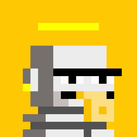 A pixel art character resembling a miner with a gray helmet, black sunglasses, and a yellow beard is displayed against a yellow background with a yellow bar above.