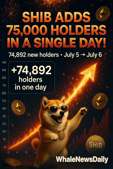 WhaleNewsDaily promotional graphic announcing SHIB adds 75,000 holders in a single day, with +74,892 holders gained between July 5-6, featuring the Shiba Inu dog mascot and an upward trending chart.