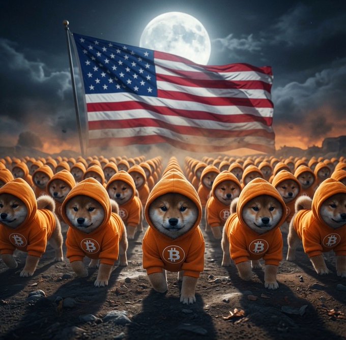 An army of Shiba Inu dogs wearing orange Bitcoin hoodies marches in formation beneath a large American flag and a full moon.