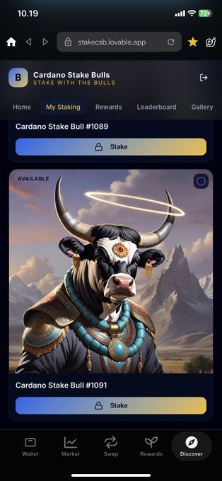 A mobile screenshot of a Cardano staking website showing 'Cardano Stake Bulls' with 'STAKE WITH THE BULLS' text, featuring an NFT bull illustration for 'Cardano Stake Bull #1091' and a 'Stake' button.