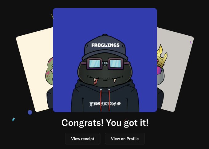 A digital receipt shows "Congrats! You got it!" with a "FROGLINGS" frog character wearing a cap, glasses, and hoodie, while partial views of other frog NFTs appear in the background. The image appears to be a reward confirmation screen related to a promotional campaign for an Official MIMU Anthem with Swamp Record, offering prizes of 2000 $APE and NFTs on ApeChain.