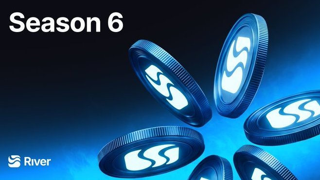 Promotional graphic with the text 'Season 6' in the top left, featuring multiple blue metallic coins with a wave-like 'S' logo flying through a blue-tinted dark background, branded with the 'River' logo in the bottom left.