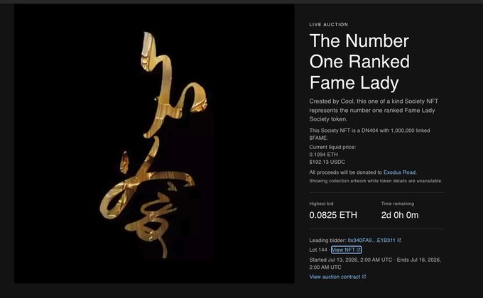 A live auction webpage lists 'The Number One Ranked Fame Lady' as a Cool Cats Society NFT (DN404), currently at a highest bid of 0.0825 ETH with 2 days remaining.