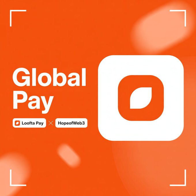 The image features a red background with an orange square logo for Global Pay, which has a leaf design at its center. The text "Global Pay" is written below the logo, and there are two other logos present as well - one for Looftapay and another for Hopeful Web3.
