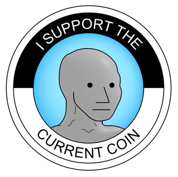 A circular logo featuring a grey humanoid figure with the text 'I SUPPORT THE CURRENT COIN' around a black border.