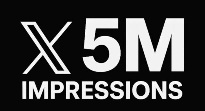 The image shows a black graphic with bold white text reading "X 5M IMPRESSIONS," celebrating a milestone of 5 million impressions on the platform X (formerly Twitter), which relates to the post highlighting the creator's achievement while seeking advice on how to escape poverty.