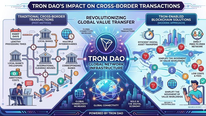 The image is a graphic representation of cross-border transactions involving cryptocurrency platforms like TronDAO. The diagram shows the traditional cross-border transaction flowchart with intermediaries, costs, and time consumption. In contrast, a new approach using blockchain technology is depicted in blue, which can potentially reduce costs and processing times due to its decentralized nature. The image emphasizes the impact of blockchain technology on global financial transactions by showcasing the differences between conventional and cryptocurrency methods.
