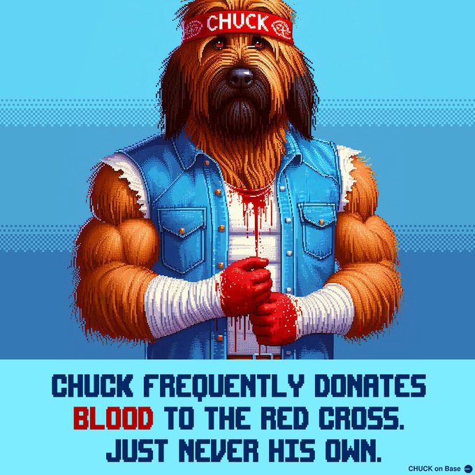 A pixel-art illustration shows a buff dog character wearing a red headband labeled "CHUCK," a denim vest, and blood-stained hand wraps, with the caption "CHUCK frequently donates blood to the Red Cross. Just never his own." — tying into the post's $CHUCK meme coin branding, its comeback from a 70K bottom to 300K market cap on Base, and the community's $15K in dog charity donations.