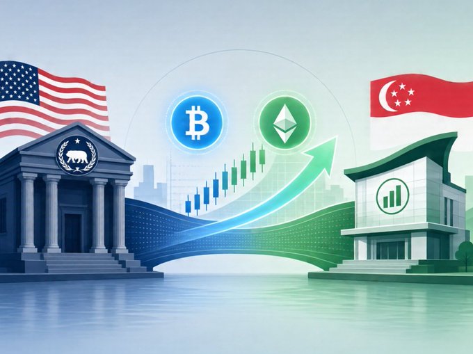 An illustration showing the US Federal Reserve building with the American flag and a Singaporean building with the Singapore flag, connected by a rising green arrow between Bitcoin and Ethereum logos over a stock chart.