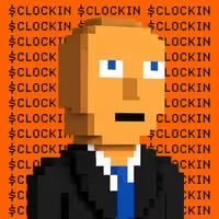 A pixel art illustration of a bald man in a suit against an orange background patterned with repeated '$CLOCKIN' text.