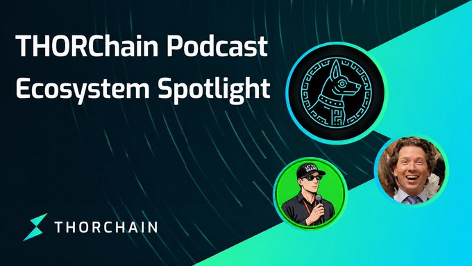 The image features a poster with a cartoon dog wearing sunglasses, which is part of a Thorschain podcast episode about ecosystem spotlight. The poster also includes text that reads "THORChain Podcast Ecosystem Spotlight" and "We're live! Fernando from @xolosArmy joins us to discuss the community-led effort to bring native @eCash ($XEC) to THORChain".