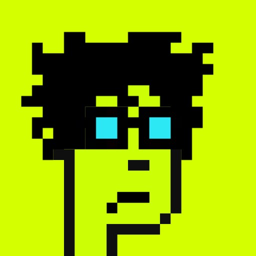 A pixel art portrait of a person with curly black hair and bright blue eyes on a yellow-green background.