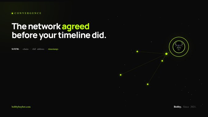A dark webpage with the headline "The network agreed before your timeline did." featuring a constellation graphic and the website "bobbybuybob.com".