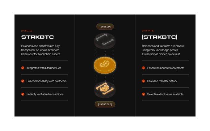 An infographic comparing STAKBTC and [STAKBTC] tokens, showing public balances and transfers via on-chain transparency versus private balances with shielded transfer history using zero-knowledge proofs.