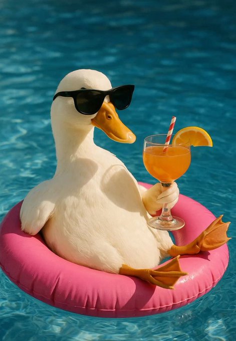 The image features a duck wearing sunglasses, holding an orange drink (possibly a cocktail) in its beak while floating on a pink inflatable raft in a pool of water. The post includes a link to Twitter that reads "@wallchain doesn't reward the loudest voice. It rewards the most relevant one. Your X Score. Your Quacks. Your audience alignment.", which seems to be related to the content of the image or the context surrounding it.