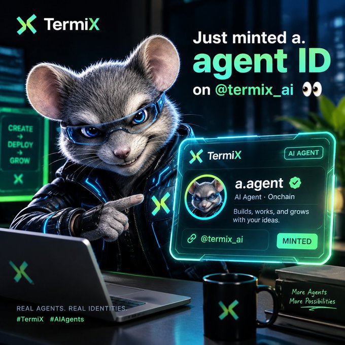 An advertisement for 'TermiX' featuring a cat wearing futuristic glasses and a jacket, with the text 'Just minted a agent ID on @termix_ai' showing a verified AI Agent profile for 'a.agent'.