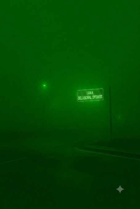 A foggy, green-tinted night road illuminated by a streetlamp features a billboard reading "I AM A DELUSIONAL OPTIMIST," visually embodying the post's theme of embracing persistent optimism. The moody, lone roadside setting reinforces the personal, introspective tone of the message celebrating the "Delusional" identity.