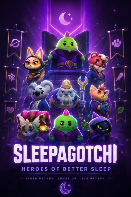 A purple-themed promotional poster for 'SLEEPAGOTCHI: HEROES OF BETTER SLEEP' featuring a group of cartoon animal and creature characters dressed as fantasy heroes, with the tagline 'SLEEP BETTER. LEVEL UP. LIVE BETTER.'