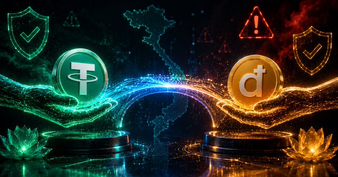 The image features a digital illustration of two hands holding up coins, with one hand holding a green coin and the other hand holding an orange coin. The background of the image includes a map of Vietnam and various symbols related to cryptocurrency, such as a shield and a thumbs-up sign. The post also contains text that reads "𝐏𝟐𝐏 𝐔𝐒𝐃𝐓 TẠI VIỆT NAM 2026: Cơ CHẾ VÀ 10 DẤU HIỆU LỪA ĐẢO 𝐊𝐘𝐂 phức tạp, nhưng càng hot thì càng nhiều bẫy". The image is accompanied by a caption that provides additional information about the post.