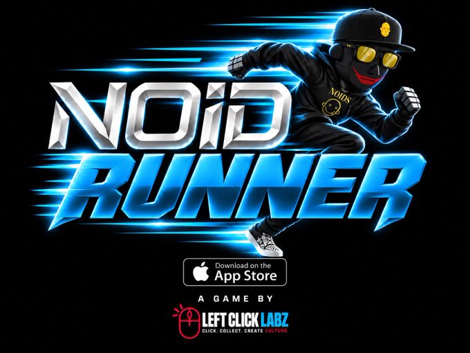 Promotional graphic for the app 'NOiD RUNNER' featuring a stylized character in a black hoodie and yellow sunglasses, available on the App Store and developed by 'LEFT CLICK LABZ'.