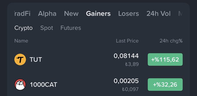 A crypto exchange interface displays the "Gainers" tab showing TUT up +115.62% at $0.08144 and 1000CAT up +32.26% at $0.00205, ironically featuring a cat-themed token right on World Cat Day.