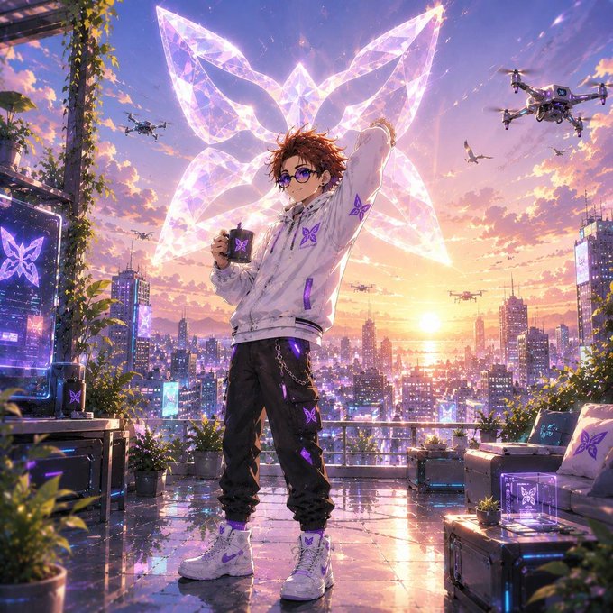 An anime-style illustration of a young man in a white hoodie with purple butterfly logos, holding a cup on a rooftop terrace at sunset with a glowing butterfly-shaped energy symbol and drones in the background.