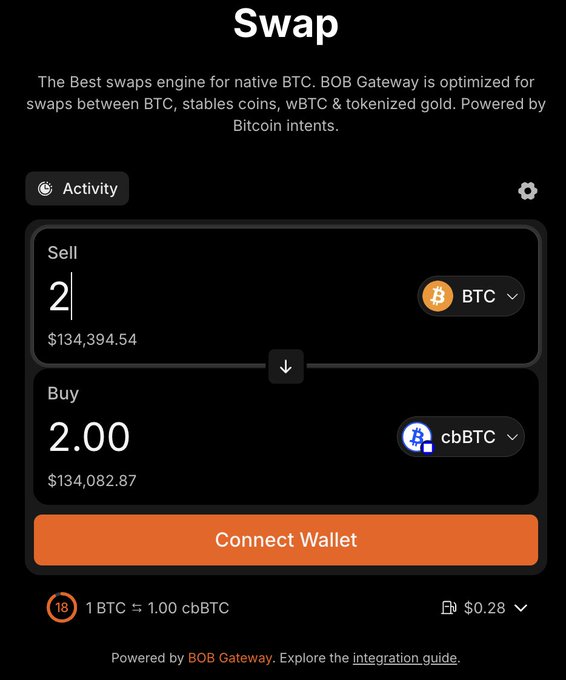 The image shows a screenshot of an app interface designed for Bitcoin trading. It appears to be an exchange platform that allows users to trade Bitcoin for other cryptocurrencies, such as Btc (Bobcat). The user interface displays information about the current state of the exchange, including the active currency being used, the amount of Bitcoin in circulation, and the estimated fees involved in transactions. Additionally, there is a feature that shows the conversion of Bitcoins to another digital asset or currency, likely displaying the Btc to $cbBTC conversion rate on the screen.