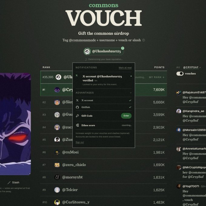 A screenshot of the 'commons' website showing a VOUCH page where the user @Ukashshubzar123 has gifted an airdrop, displaying a notification that their account is verified and a multi-account policy has been enforced, alongside a leaderboard.