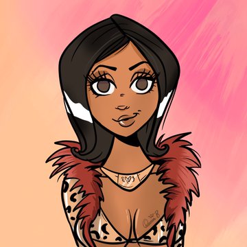 A digital illustration of a woman with dark hair, large brown eyes, a bindi, and a leopard-print top with a reddish feather boa, set against a pink and orange gradient background.