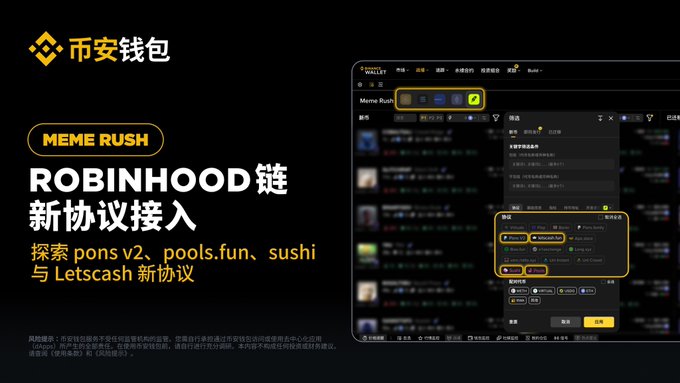 The image is a Binance Wallet promotional banner announcing "MEME RUSH" support for new Robinhood chain protocols, featuring the 币安钱包 (Binance Wallet) logo alongside text highlighting integration with pons v2, pools.fun, sushi, and Letscash protocols. A screenshot on the right shows the Meme Rush interface with a highlighted portfolio section displaying crypto tokens including BTC, ETH, SOL, BNB, USDT, XRP, USDC, FDUSD, and XRP, visually demonstrating the on-chain token discovery experience mentioned in the accompanying post.