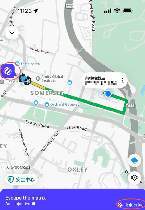 A smartphone map screen showing a ride-hailing route near Somerset and Orchard Gateway in Singapore, with an 'Injective' ad at the bottom reading 'Escape the matrix'.