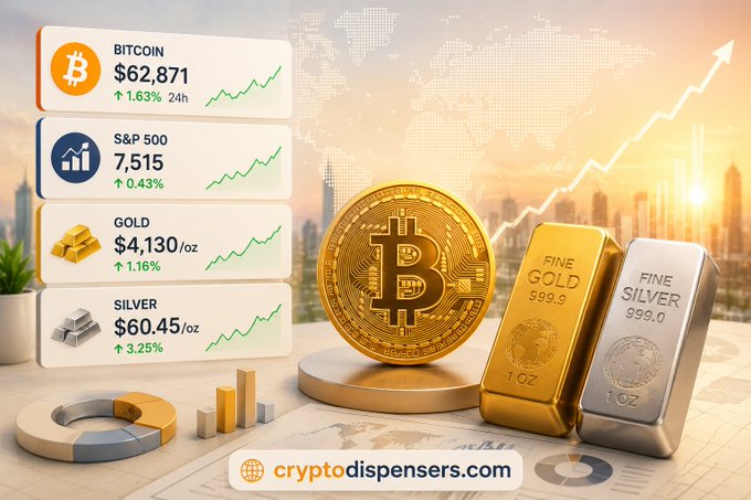 Promotional image for cryptodispensers.com featuring a dashboard showing Bitcoin ($62,871, +1.63%), S&P 500 (7,515, +0.43%), Gold ($4,130/oz, +1.16%), and Silver ($60.45/oz, +3.25%), alongside 3D renders of Bitcoin, gold, and silver bars.