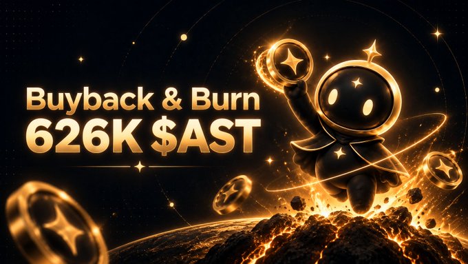 A glowing gold astronaut mascot stands triumphantly atop a fiery crater surrounded by floating $AST coins against a starry backdrop, alongside bold text announcing "Buyback & Burn 626K $AST"—visually reinforcing the post's announcement that 626,000 $AST tokens have been permanently destroyed.