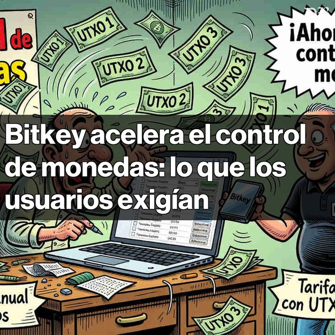 A Spanish-language infographic cartoon showing a panicked man at a laptop while money labeled 'UTXO' flies around, with text reading 'Bitkey acelera el control de monedas: lo que los usuarios exigían.'
