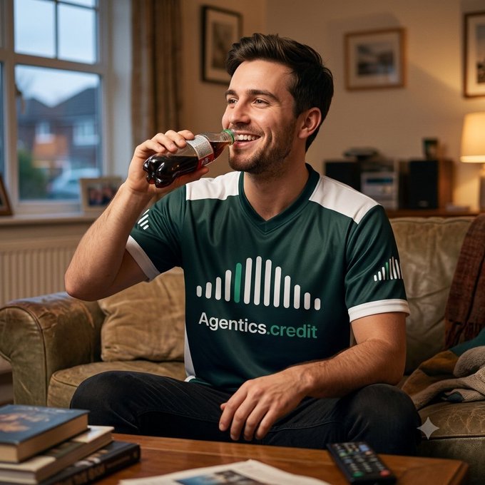 A man wearing a green "Agentics.credit" jersey sits on a couch smiling while drinking from a soda bottle in a warmly lit living room.