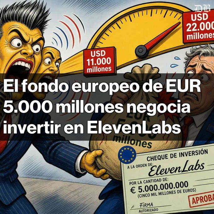 A satirical editorial cartoon showing shouting figures, a speedometer, and a money bag, with Spanish text reading 'El fondo europeo de EUR 5.000 millones negocia invertir en ElevenLabs' alongside a check marked '5.000.000.000' euros.