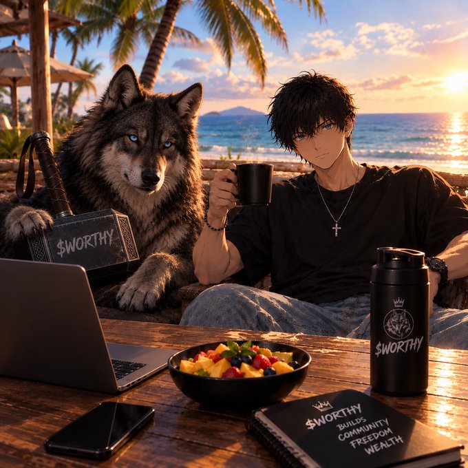 An anime-style illustration of a young man with dark hair sitting at a beach table during sunset alongside a wolf, with branded items including a '$WORTHY' water bottle, notebook reading 'BUILDS COMMUNITY FREEDOM WEALTH', sword, and fruit bowl.