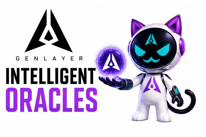 Promotional graphic for 'GENLAYER INTELLIGENT ORACLES' featuring a stylized white and purple cat-like robot character holding a glowing purple orb with the GenLayer logo.