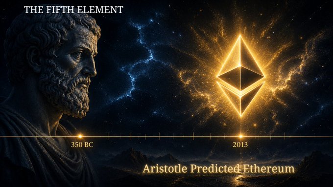 The image features a statue of a man with a beard and mustache wearing a robe, standing against a dark sky filled with stars. The background of the image shows a bright yellow triangle with a golden aura surrounding it. Below this scene, there is text that reads "Ethereum, the fifth element @VitalikButerin You named it Ethereum - Aether because it enables without participating."