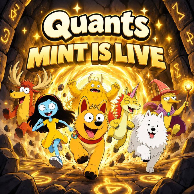 A colorful cartoon-style graphic announces 'Quants MINT IS LIVE' featuring various animated animal characters running through a glowing portal.