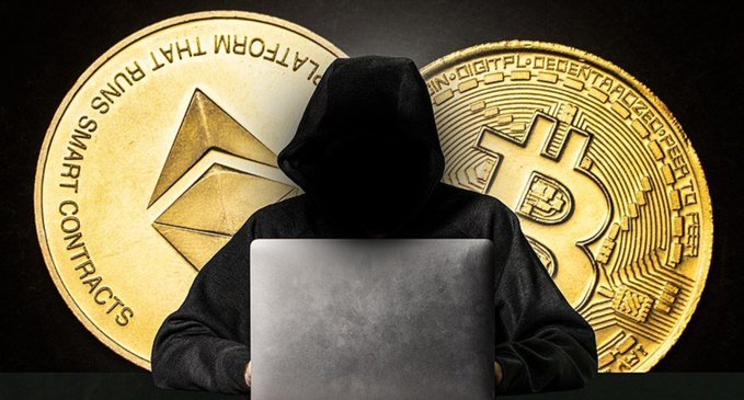 A hooded figure works on a laptop, silhouetted against two large gold cryptocurrency coins (Ethereum and Bitcoin), visually representing the rising threat of crypto hackers. The image underscores the alarming $210M+ in losses reported by PeckShield for July, highlighting the growing security risks in the digital asset space.