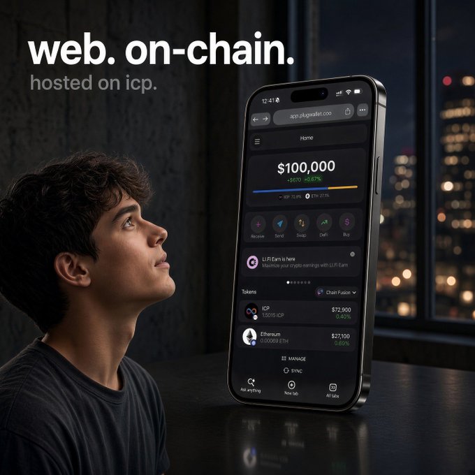 An advertisement featuring a young man looking at a giant floating smartphone displaying a crypto app called "app.plugwallet.com" with a $100,000 balance, alongside the text "web. on-chain. hosted on icp."