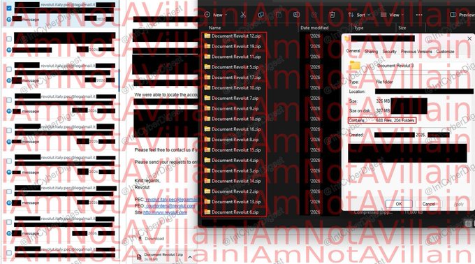 The image displays a screenshot featuring a file directory containing multiple "Document Revolut" files ranging from 2 to 19, alongside a chat conversation and a file properties window showing a 305 MB folder, all overlaid with the watermark "IAmNotAVillain." This relates to the post about the hacker group IAmNotAVillain leaking Revolut customers' sensitive documents like passports and account statements, with the file list illustrating the scale of the breach.
