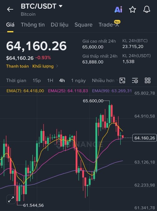 A cryptocurrency trading app displaying the BTC/USDT Bitcoin price at 64,160.26, down 0.93%, with a candlestick chart showing 24-hour highs of 65,600.00 and lows of 63,888.00.