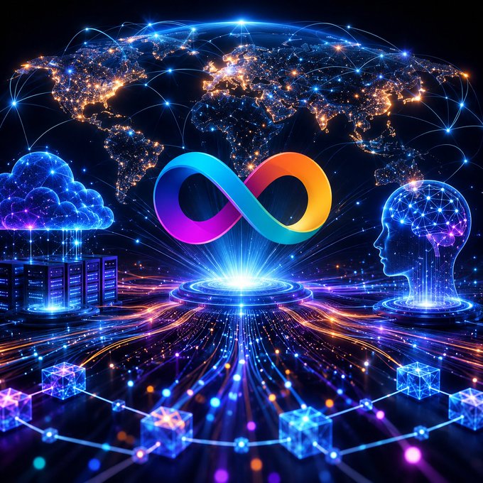 A glowing infinity symbol and a digital world map surrounded by AI and blockchain elements represent the endless, borderless potential of decentralized networks. The imagery aligns with ICP's milestone of 300 billion transactions, visualizing its role as a sovereign cloud powering AI-driven applications at global scale.