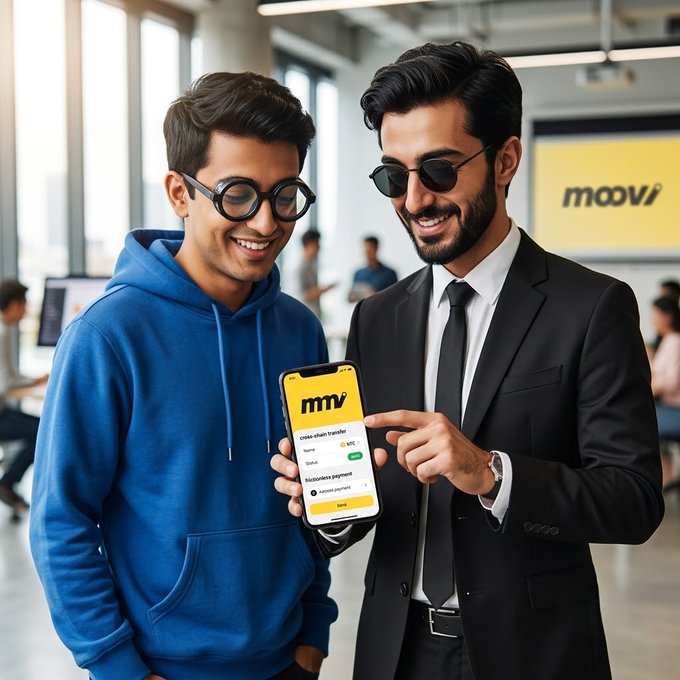 Two men smiling while looking at a smartphone displaying an app called 'mmv' with a yellow interface; one wears a blue hoodie and round glasses, the other wears a black suit, tie, and sunglasses.