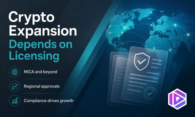 A blue promotional graphic with the text "Crypto Expansion Depends on Licensing" listing points "MiCA and beyond," "Regional approvals," and "Compliance drives growth," accompanied by a globe illustration and document icons.