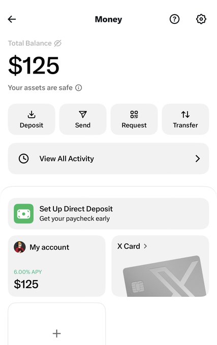 A mobile banking app screen showing a total balance of $125 with options to Deposit, Send, Request, and Transfer money, plus an X Card visible.